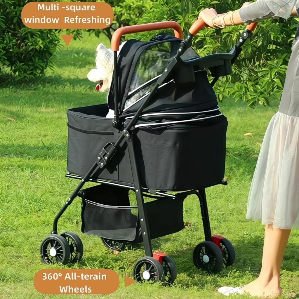 Pet Stroller for Medium Small Dogs/Cats - Wheels Foldable Dog Stroller with Storage Basket,Dog/Cat Carrier,Adjustable Handle,Folding Puppy Carrier Suitable for Traveling with Cats and Dogs (Black)
