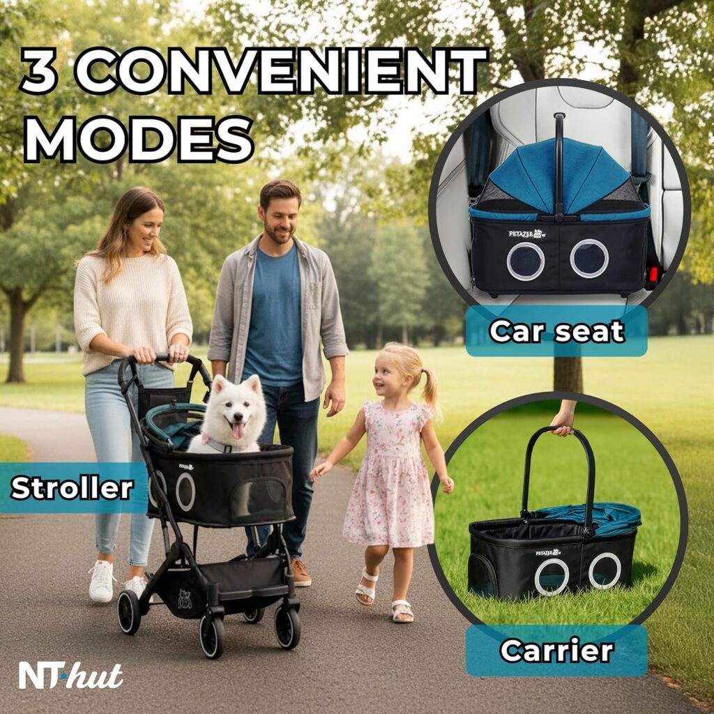 Pet Stroller for Small  Medium Dogs and Cats Up to lbs, 3-in-1 Lightweight Dog Stroller with Detachable Carrier, 360° Mesh Windows, One-Click Fold, Storage Bag  Basket, Cup Holder, All-Terrain