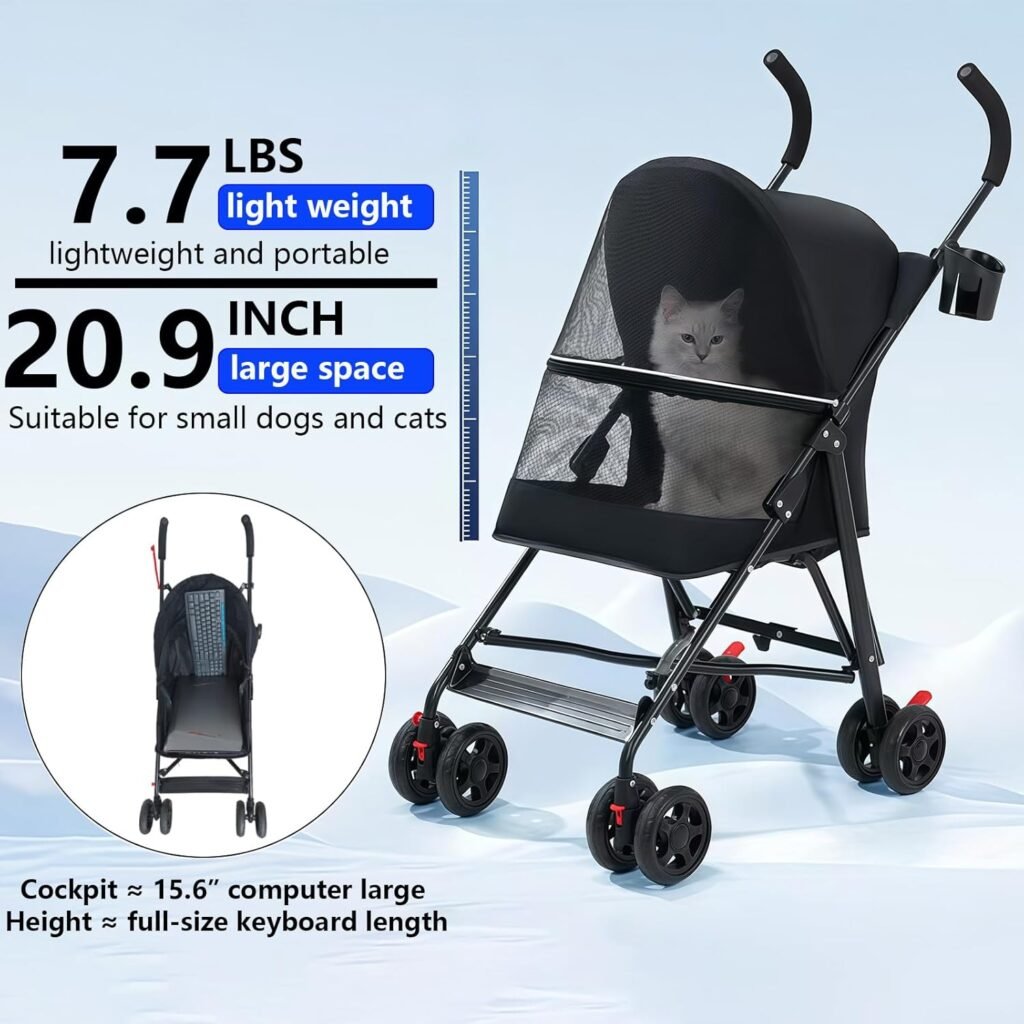 Pet Stroller with Mesh Ventilation, Lightweight Foldable Design, Cup Holder, Black